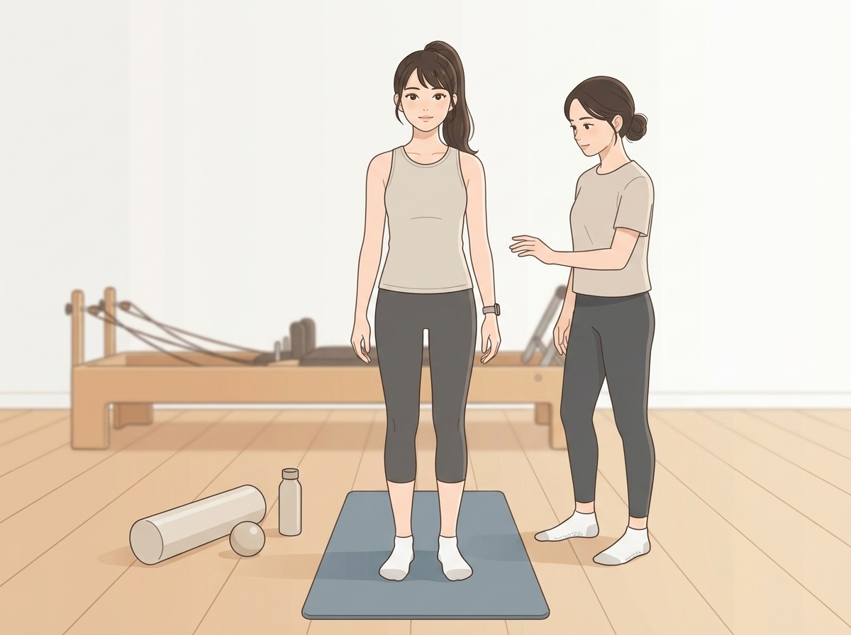 立ち姿勢の女性の体の傾きを、インストラクターが横から確認している様子