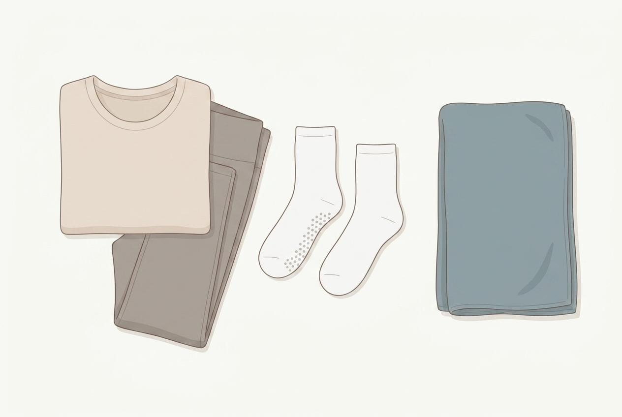 動きやすい服装、滑り止め付きのグリップソックス、タオルを並べた持ち物の図