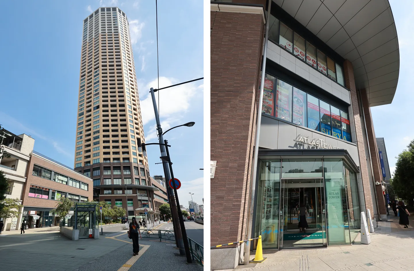 左は通りから見上げた中目黒アトラスタワー。右は「ATLAS Tower」の表示がある建物のガラス扉の入口
